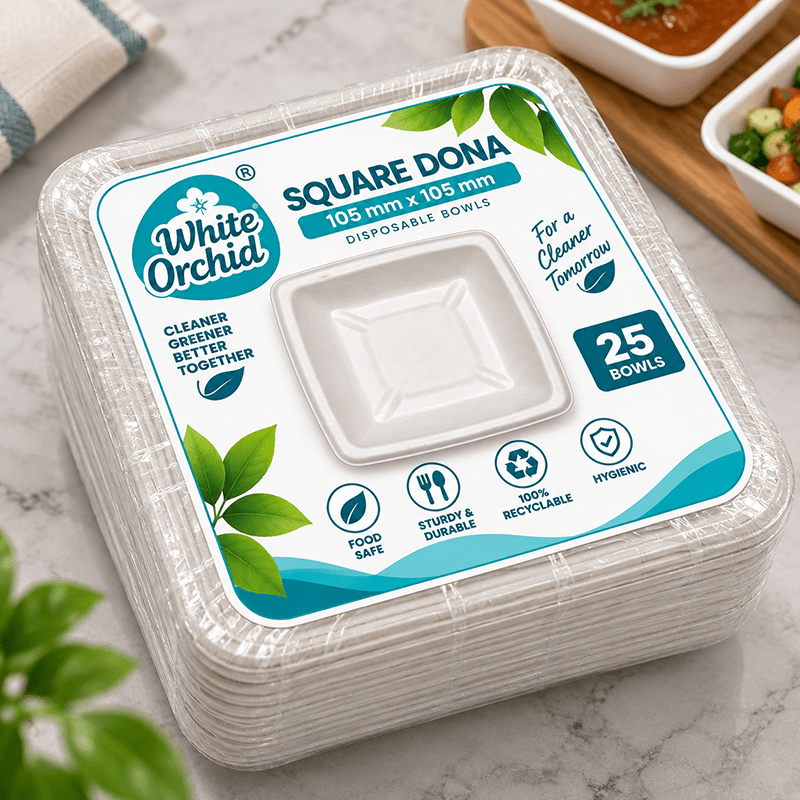 Bagasse Square Bowl 120 ml manufacturer and exporter in Ahmedabad India - White Orchid pack view