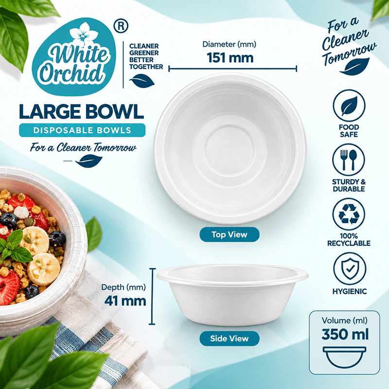 Bagasse Large Bowl 350 ml manufacturer and exporter in Ahmedabad India - White Orchid close up