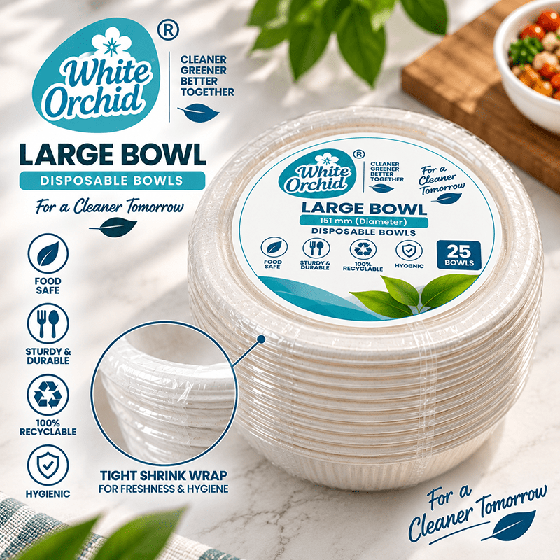 Bagasse Large Bowl 350 ml manufacturer and exporter in Ahmedabad India - White Orchid bulk packing